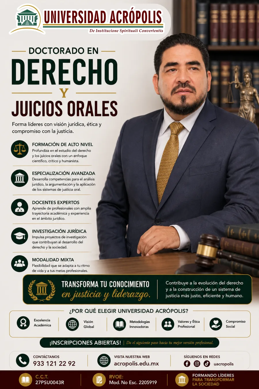Hombre de traje oscuro y corbata dorada sentado ante un escritorio con un mazo judicial y una estatua de la justicia.