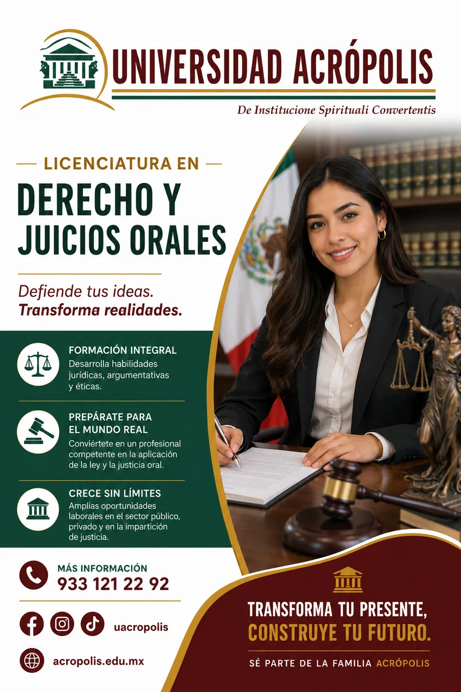 Mujer de saco negro escribe en un documento junto a un mazo judicial, una estatua de la justicia y la bandera de México.